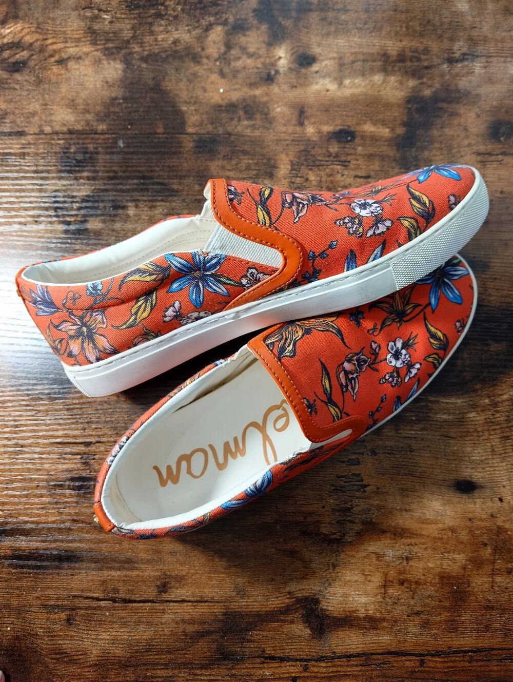 Sam Edelman Floral Slip On Sneakers Orange Canvas Shoes Women’s Size 9